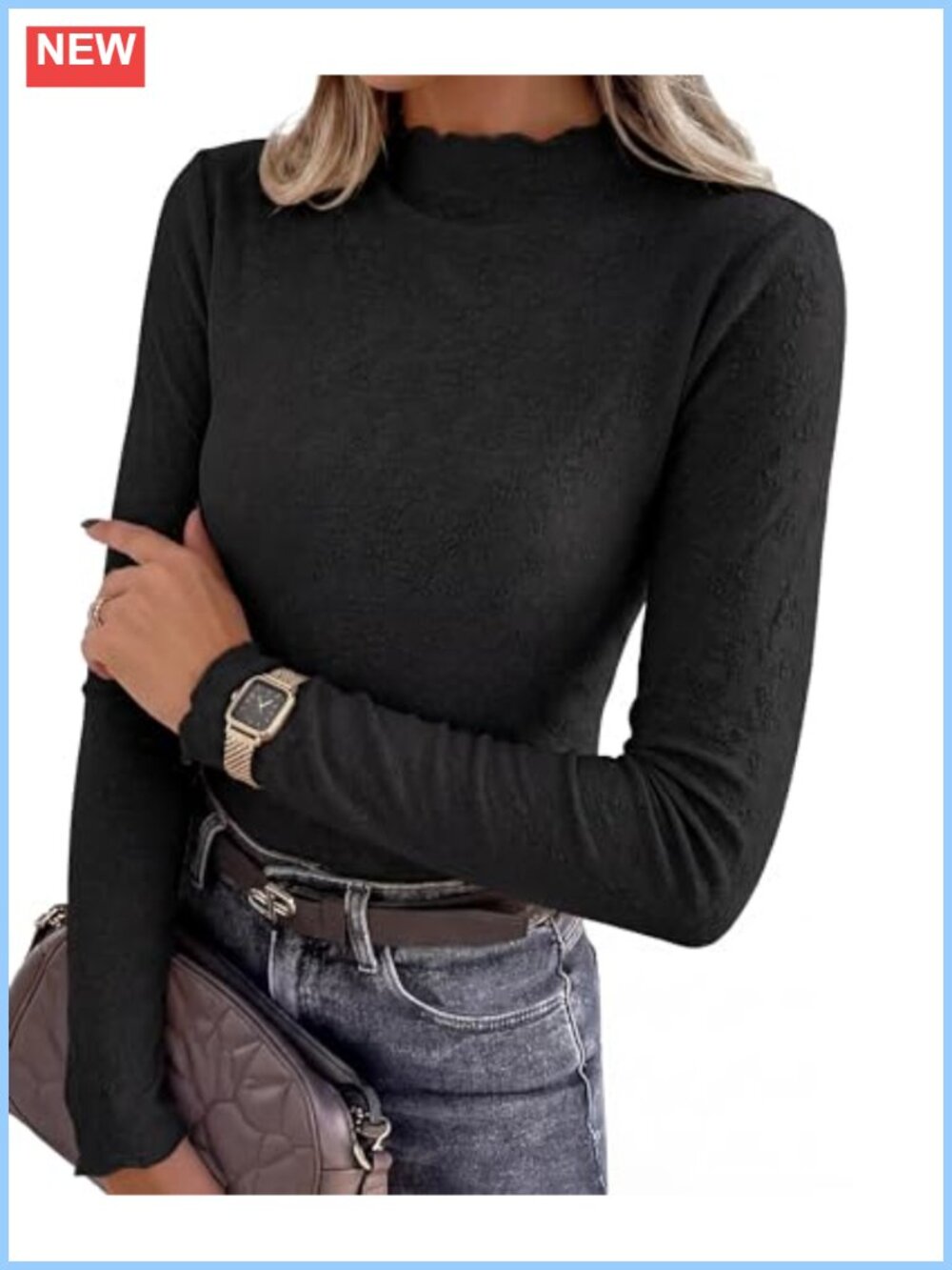 Mock Neck Long Sleeve Tops with Ruffled Floral Embossed Lettuce Hem